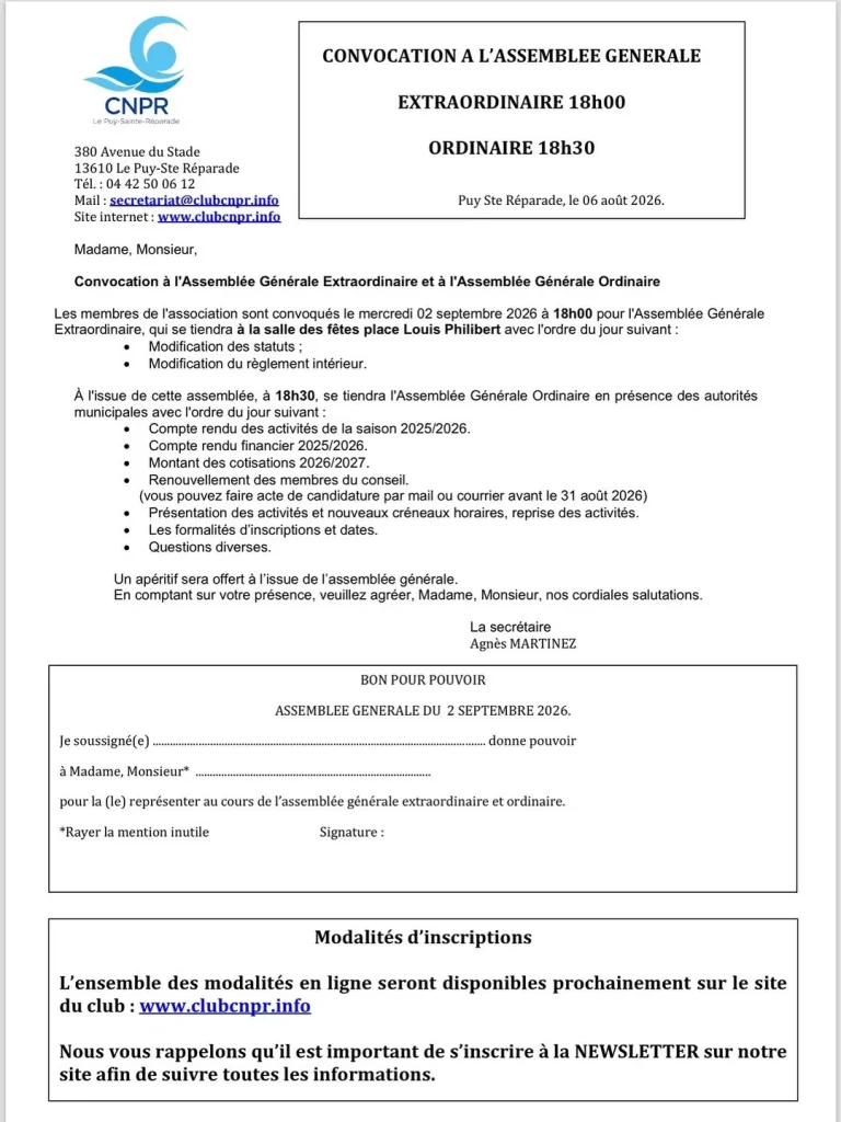 Photo by Club CNPR on August 06, 2026. May be a Twitter screenshot of ticket stub, poster and text that says 'CNPR GENERALE EXTRAORDINAIRE 18h00 Monsieur, Puy Réparade août 2026. Les membres Extraordinaire, Générale Extraordinaire sont mercredi Générale Modification septembre 2026 18h00 pour l'Assemblée Philibert l'ordre suivant: assemblée, l'Assemblée saison 2025/2026. Ordinaire présence conseil. diverses, courrier avant 31 août 2026) e activités. apéritif l'assemblée générale. secrétaire Agnès MARTINEZ BON POUR Jesoussigné(e)- ASSEMBLEE GENERALE Madame, 2SEPTEMBRE (lc) donne pouvoir cours *Rayerla mention inutile l'assemblée générale extraordinaire Signature: ordinaire. Modalités d'inscriptions L'ensemble des modalités en ligne seront disponibles prochainement sur le site du club Nous vous rappelons qu'il est important site afin de suivre toutes les informations. s'inscrire la NEWSLETTER sur notre'.